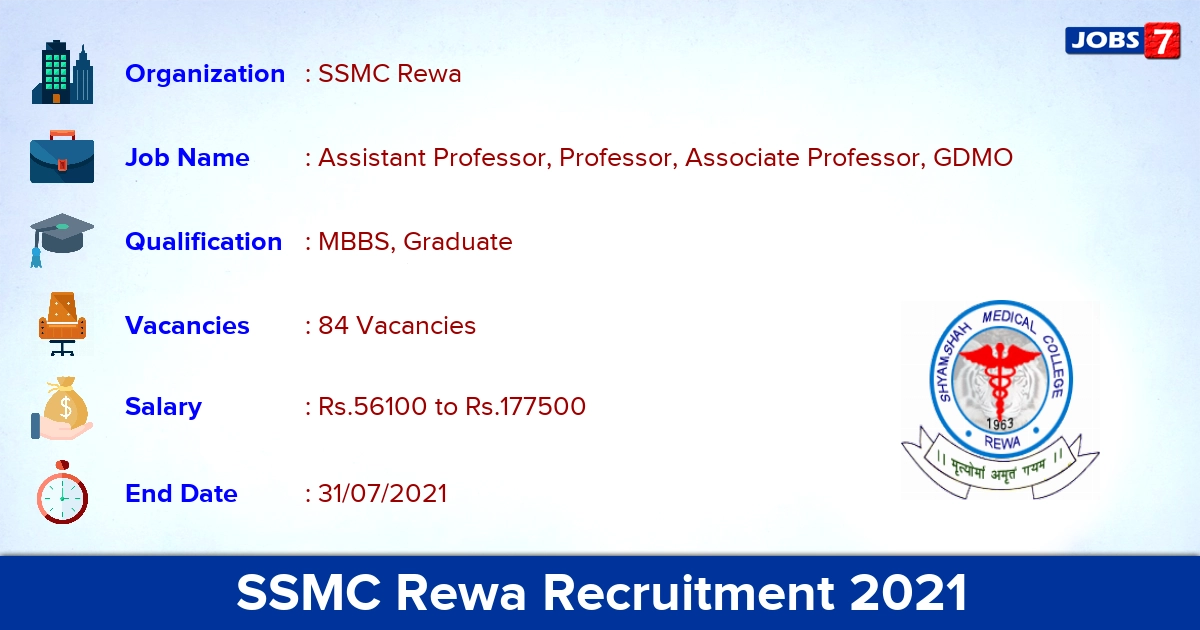 SSMC Rewa Recruitment 2021 - Apply Offline for 84 Professor, GDMO Vacancies