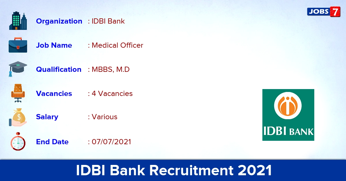 IDBI Bank Recruitment 2021 - Apply Offline for Part Time Medical Officer Jobs