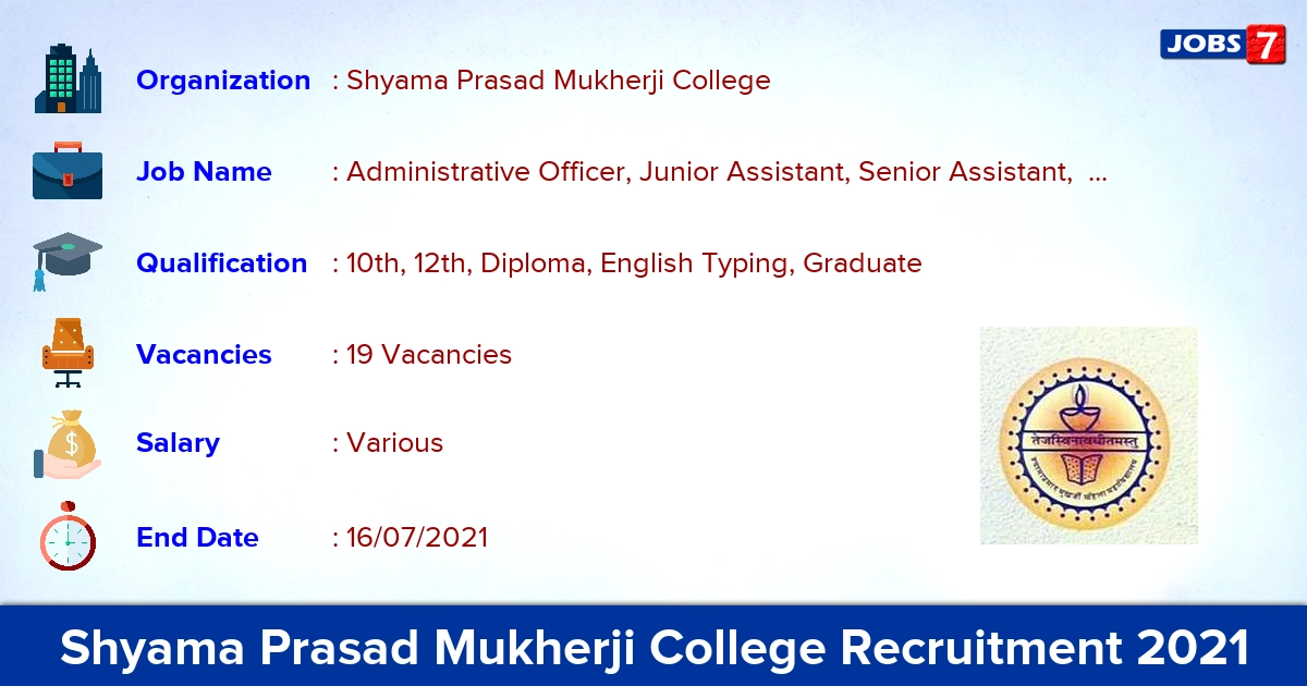 Shyama Prasad Mukherji College Recruitment 2021 - Apply Online for 19 Administrative Officer Vacancies