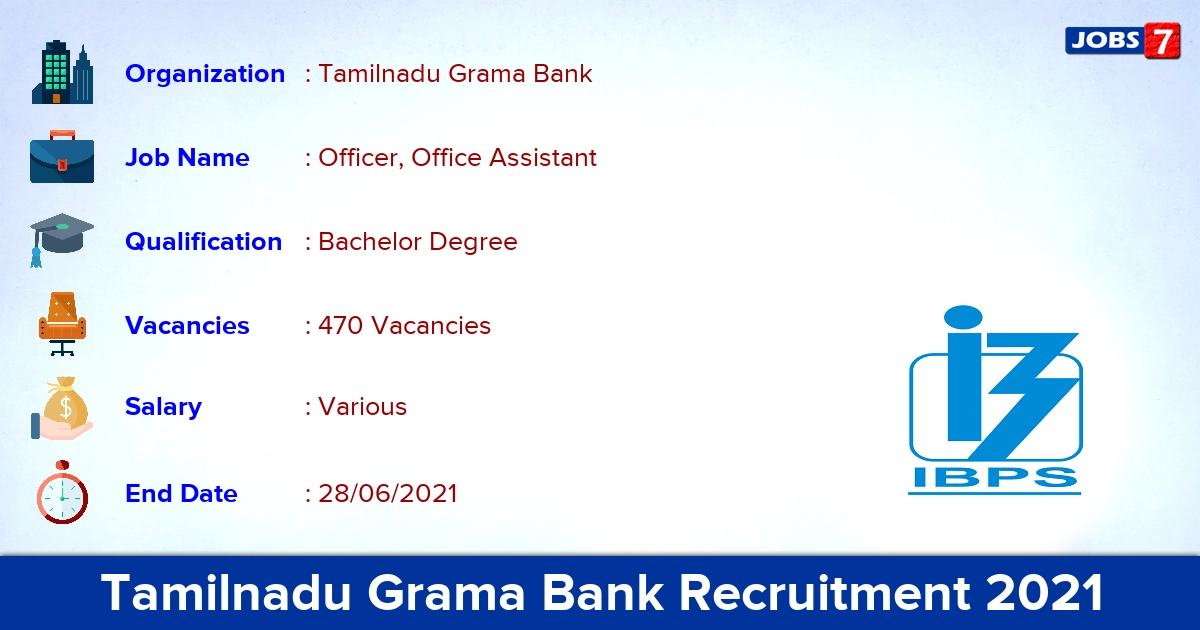 Tamilnadu Grama Bank Recruitment 2021 - Apply Online for 470 Officer, Office Assistant Vacancies
