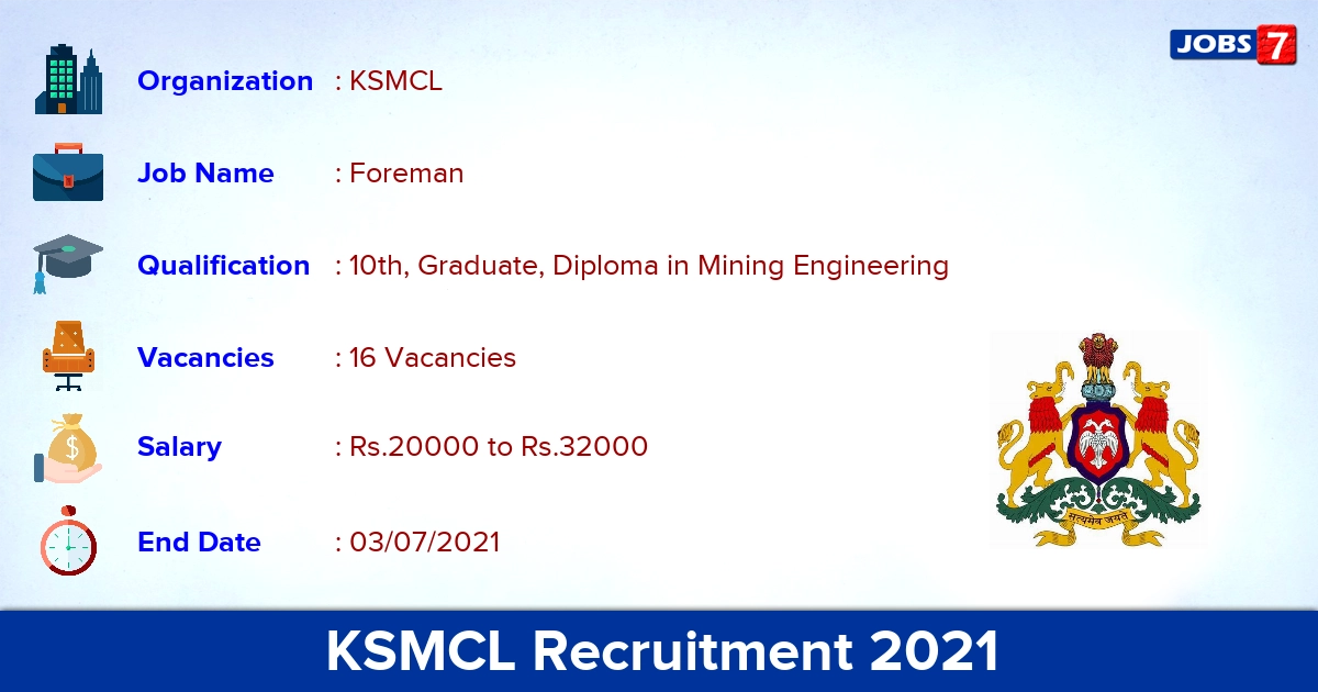 KSMCL Recruitment 2021 - Apply Offline for 16 Foreman Vacancies