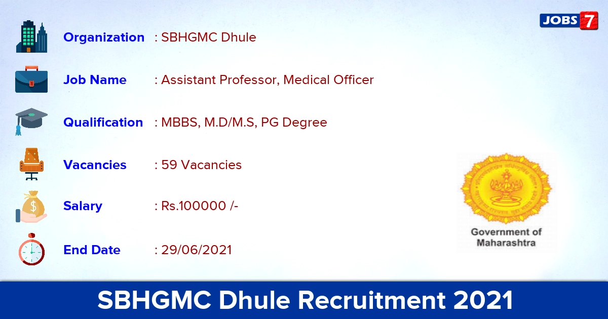 SBHGMC Dhule Recruitment 2021 - Apply Offline for 59 Medical Officer Vacancies