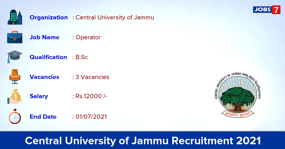 Central University of Jammu Recruitment 2021 - Apply Offline for Operator Jobs