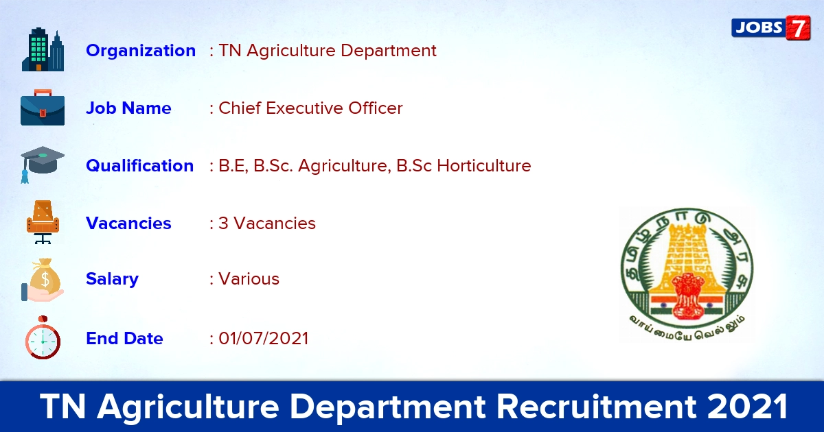 TN Agriculture Department Recruitment 2021 - Apply Offline for Chief Executive Officer Jobs