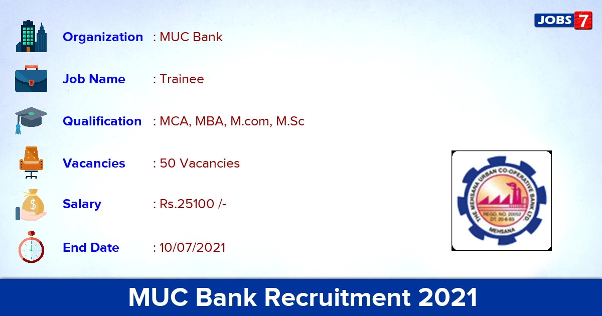 MUC Bank Recruitment 2021 - Apply Online for 50 Clerical Trainee Vacancies