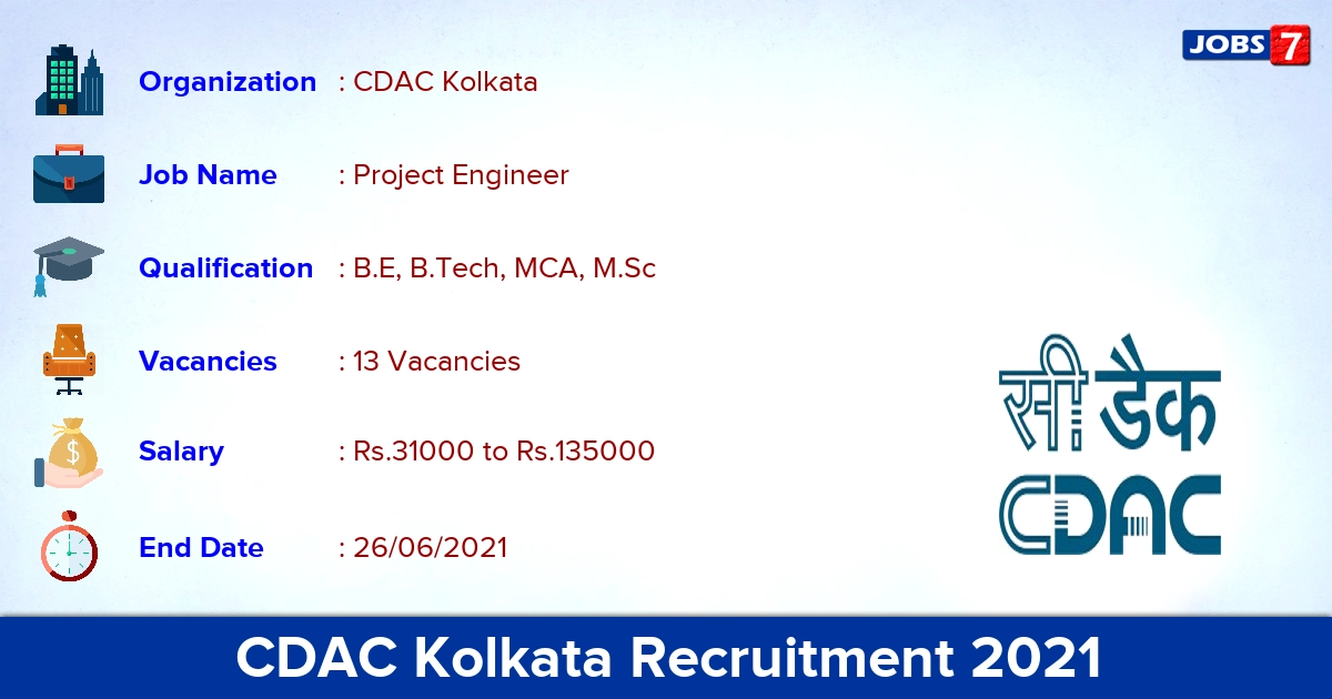 CDAC Kolkata Recruitment 2021 - Apply Online for 13 Project Engineer Vacancies
