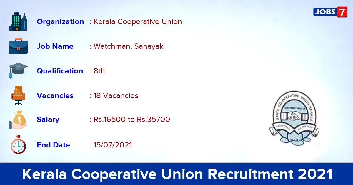 Kerala Cooperative Union Recruitment 2021 - Apply Offline for 18 Watchman, Sahayak Vacancies