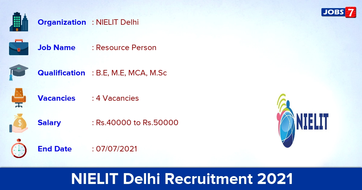 NIELIT Delhi Recruitment 2021 - Apply Online for Resource Person Jobs