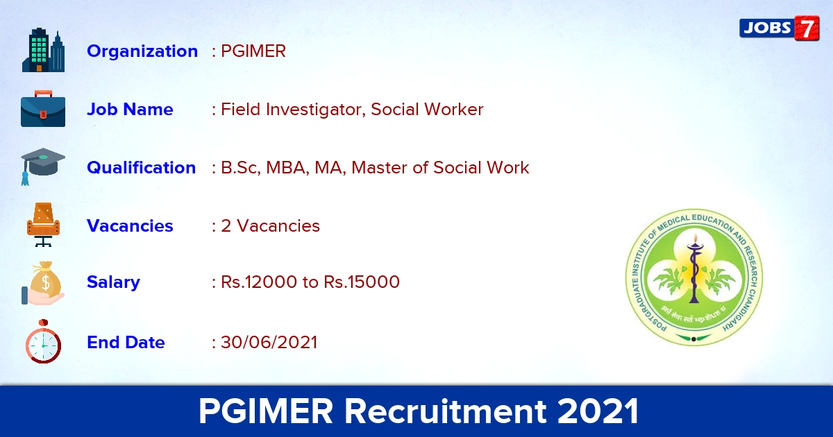 PGIMER Recruitment 2021 - Apply Offline for Field Investigator, Social Worker Jobs