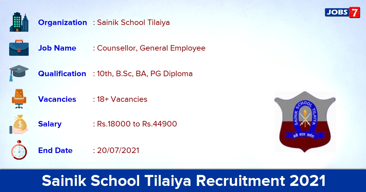 Sainik School Tilaiya Recruitment 2021 - Apply Offline for General Employee Vacancies