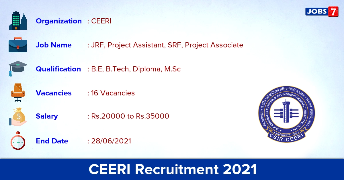 CEERI Recruitment 2021 - Apply Online for 16 JRF, Project Associate Vacancies