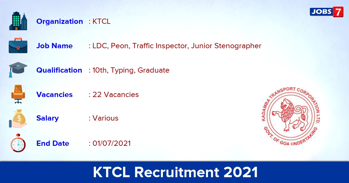 KTCL Recruitment 2021 - Apply Offline for 22 LDC, Traffic Inspector Vacancies