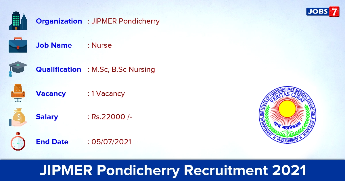 JIPMER Pondicherry Recruitment 2021 - Apply Online for Research Nurse Jobs