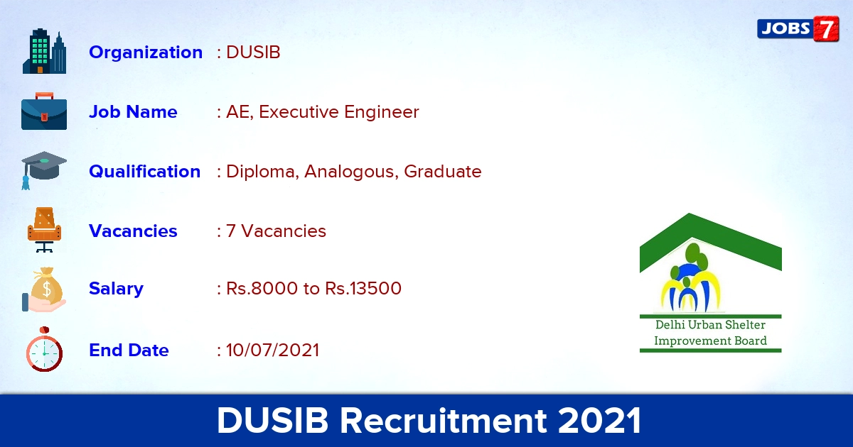 DUSIB Recruitment 2021 - Apply Offline for AE, Executive Engineer Jobs