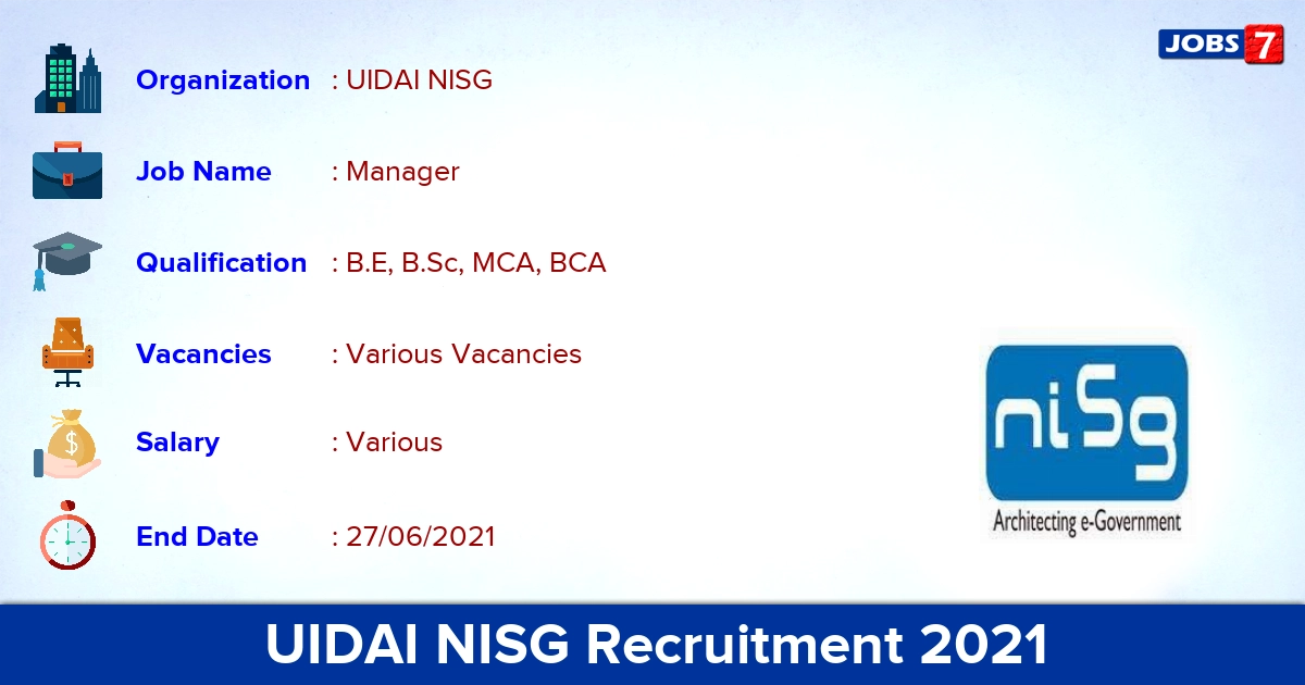 UIDAI NISG Recruitment 2021 - Apply Online for Manager Vacancies
