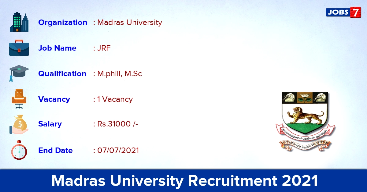 Madras University Recruitment 2021 - Apply Online for JRF Jobs