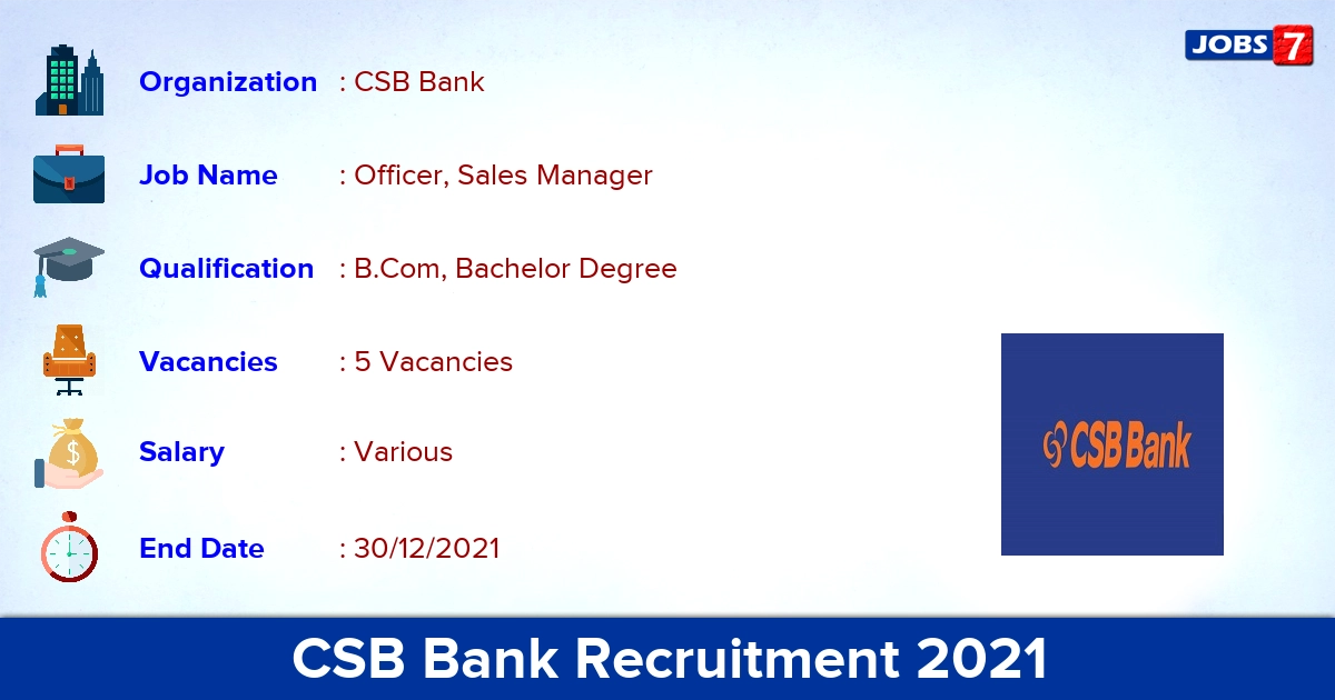 CSB Bank Recruitment 2021 - Apply Online for Officer, Sales Manager Jobs