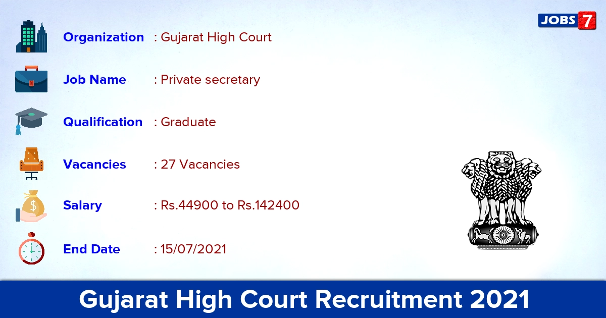 Gujarat High Court Recruitment 2021 - Apply Online for 27 Private secretary vacancies
