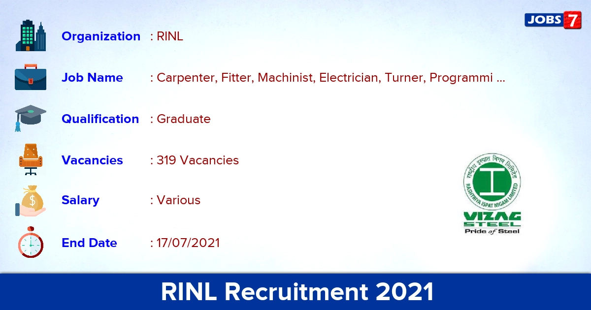 RINL Recruitment 2021 - Apply Online for 319 Programming Assistant, Mechanic vacancies