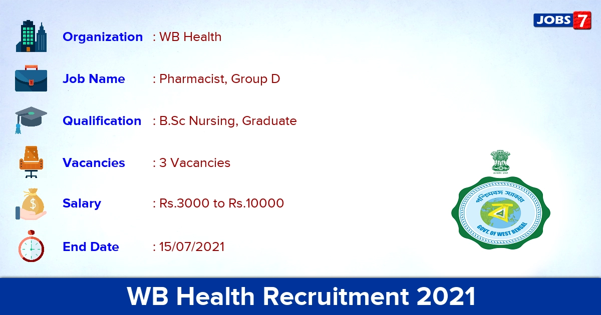 WB Health Recruitment 2021 - Apply Offline for Pharmacist, Group D Jobs