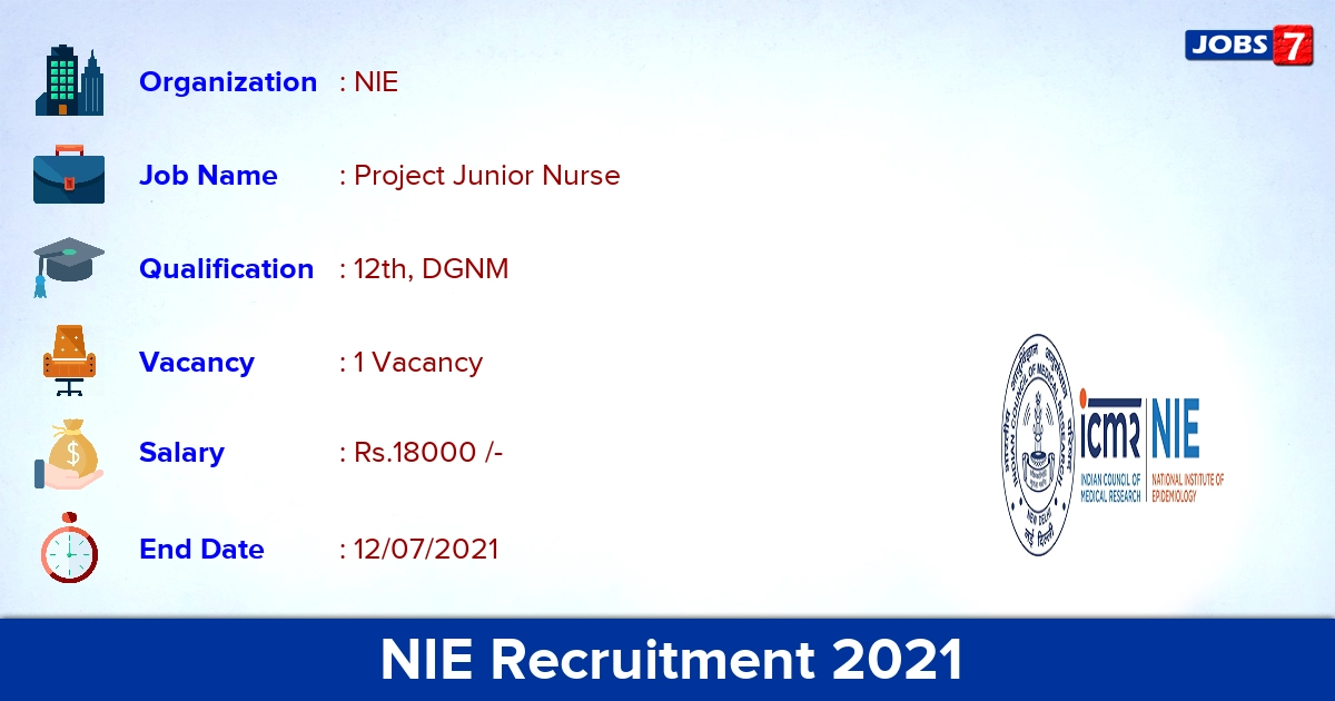 NIE Recruitment 2021 - Apply Offline for Project Junior Nurse Jobs