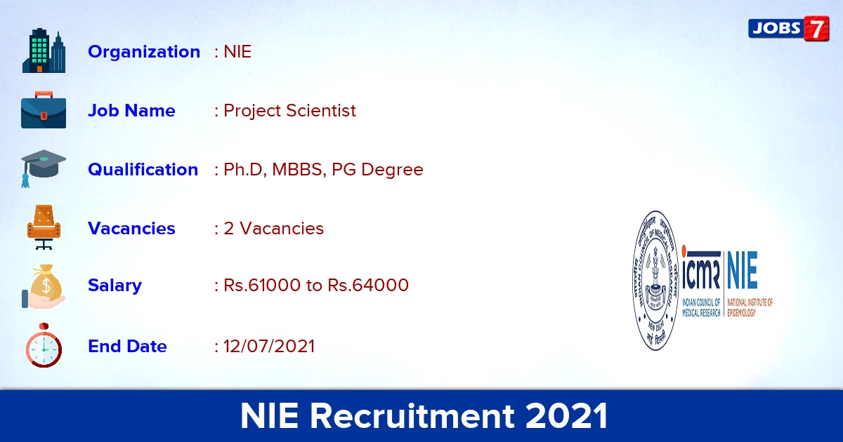 NIE Recruitment 2021 - Apply Online for Project Scientist Jobs