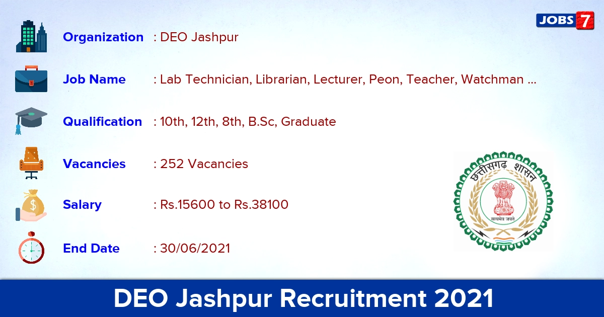 DEO Jashpur Recruitment 2021 - Apply Online for 252 Lab Technician Vacancies