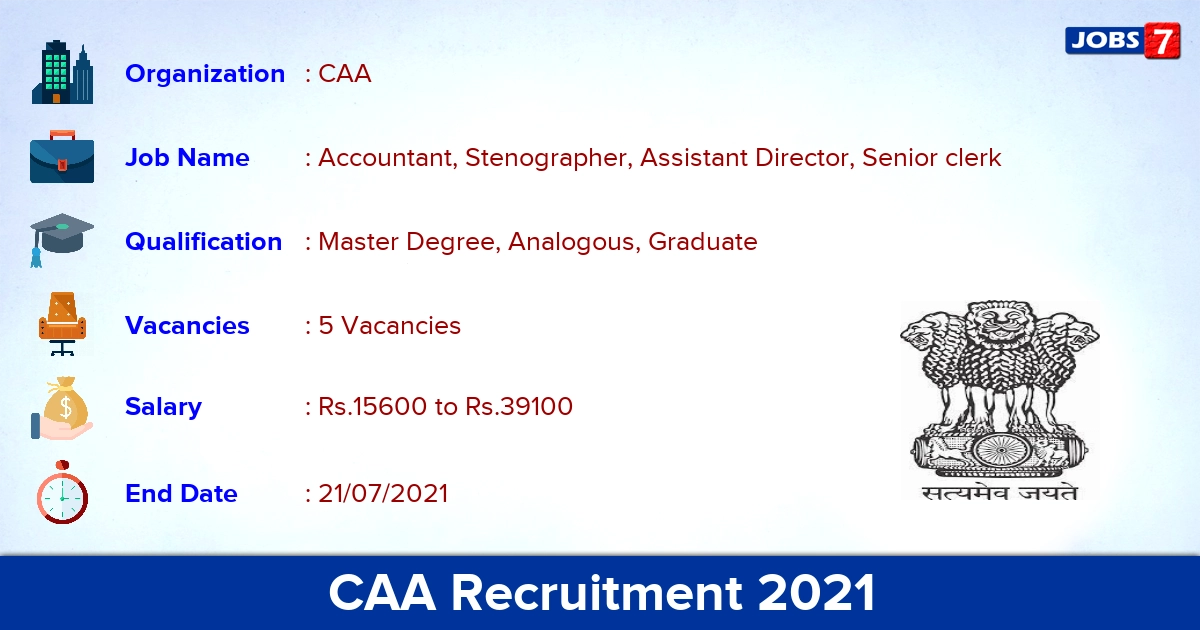 CAA Recruitment 2021 - Apply Offline for Accountant, Stenographer Jobs