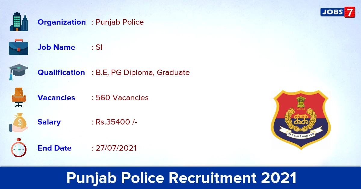 Punjab Police Recruitment 2021 - Apply Online for 560 SI Vacancies