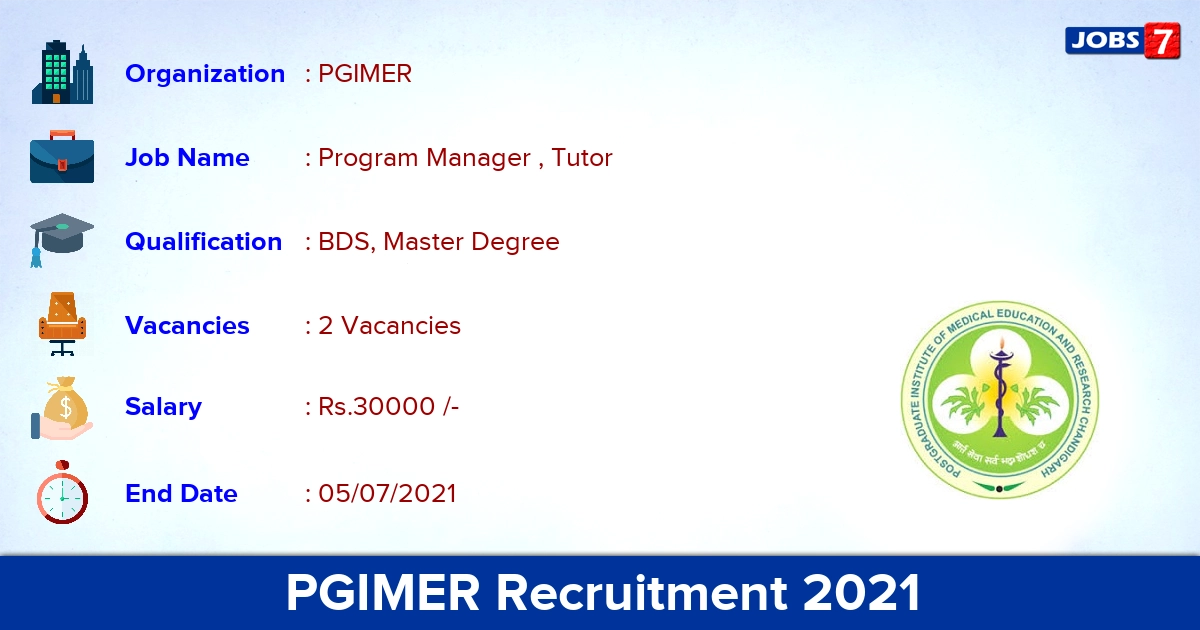 PGIMER Recruitment 2021 - Apply Offline for Program Manager, Tutor Jobs