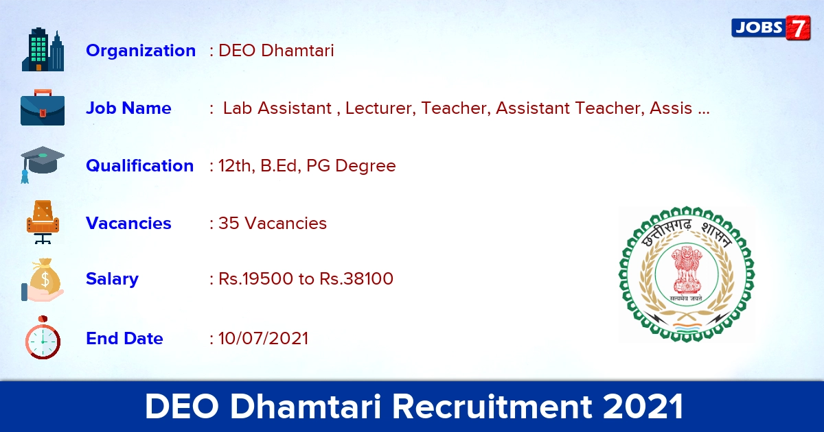 DEO Dhamtari Recruitment 2021 - Apply Offline for 35 Lab Assistant, Teacher Vacancies