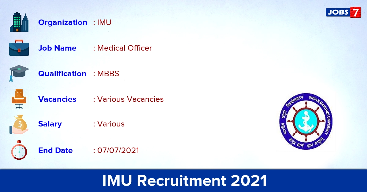 IMU Recruitment 2021 - Apply Online for Medical Officer Vacancies