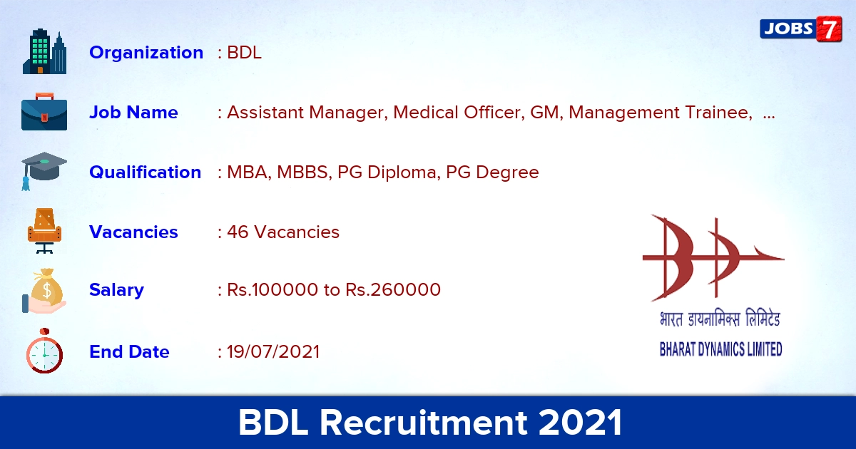 BDL Recruitment 2021 - Apply Online for 46 Deputy General Manager Vacancies