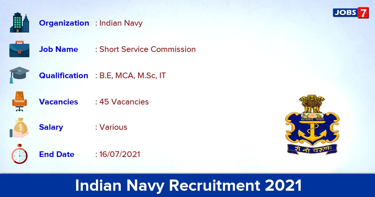 Indian Navy Recruitment 2021 - Apply Online for 45 SSC Officer Vacancies