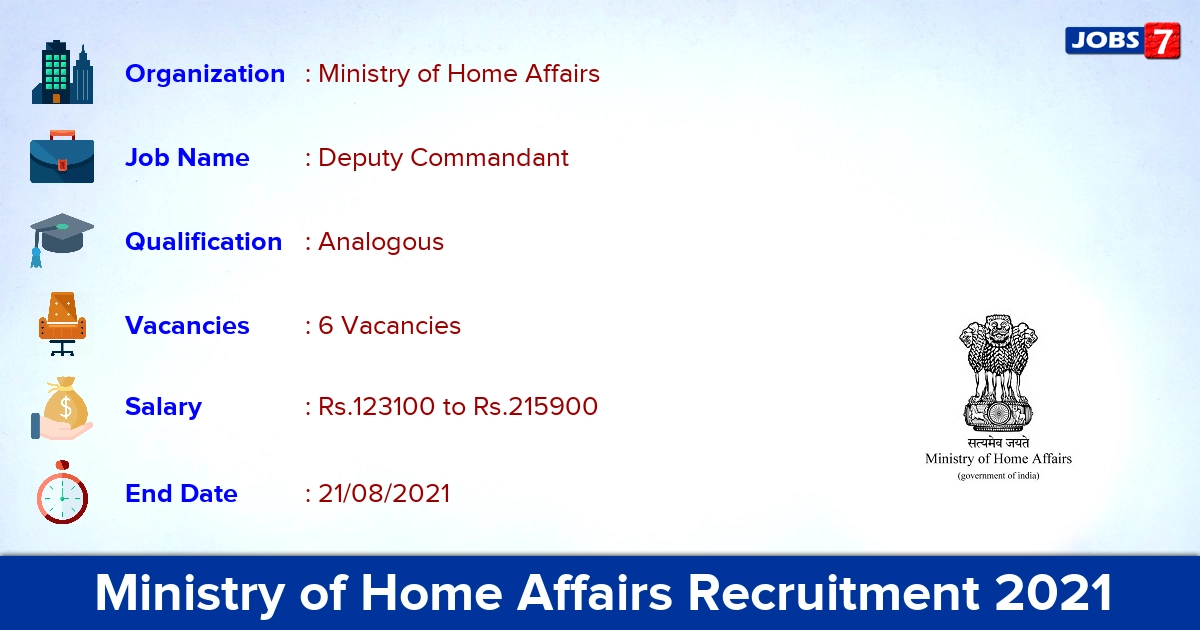 Ministry of Home Affairs Recruitment 2021 - Apply Offline for Deputy Commandant Jobs