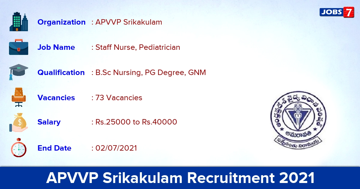 APVVP Srikakulam Recruitment 2021 - Apply Offline for 73 Staff Nurse, Pediatrician Vacancies