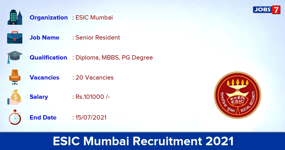 ESIC Mumbai Recruitment 2021 - Apply Offline for 20 Senior Resident Vacancies