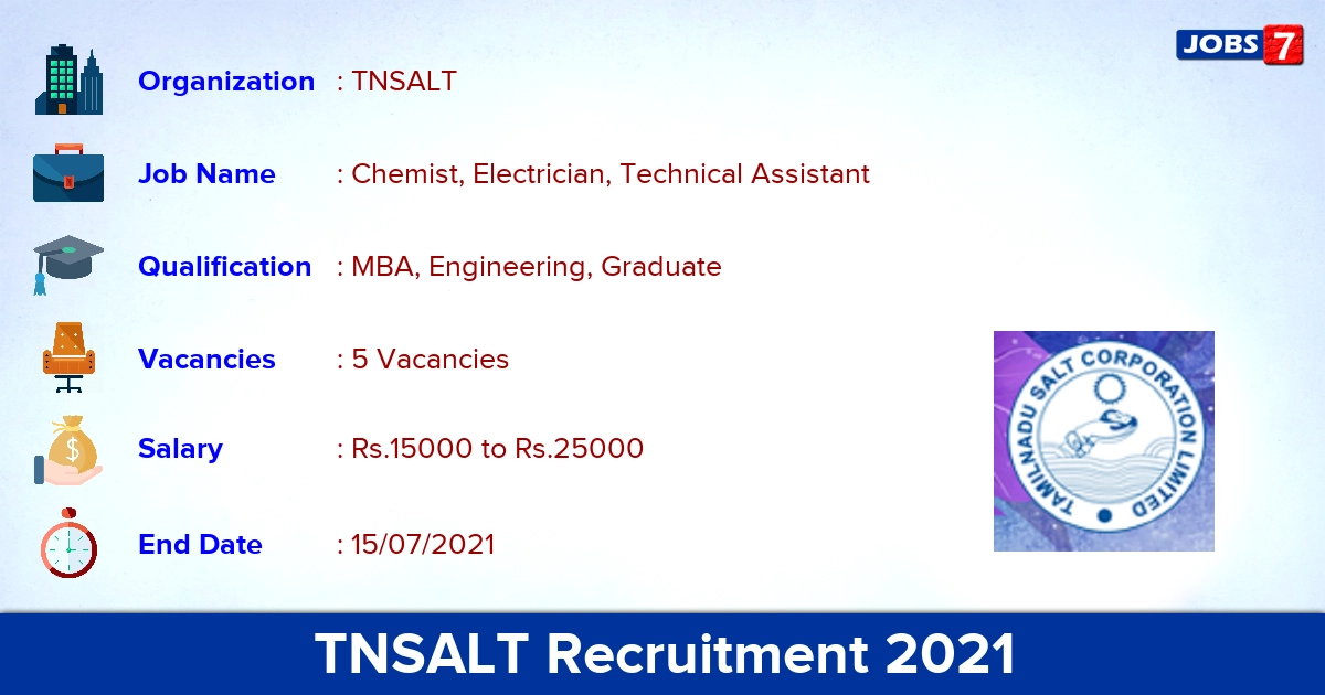 TNSALT Recruitment 2021 - Apply Offline for Electrician Jobs