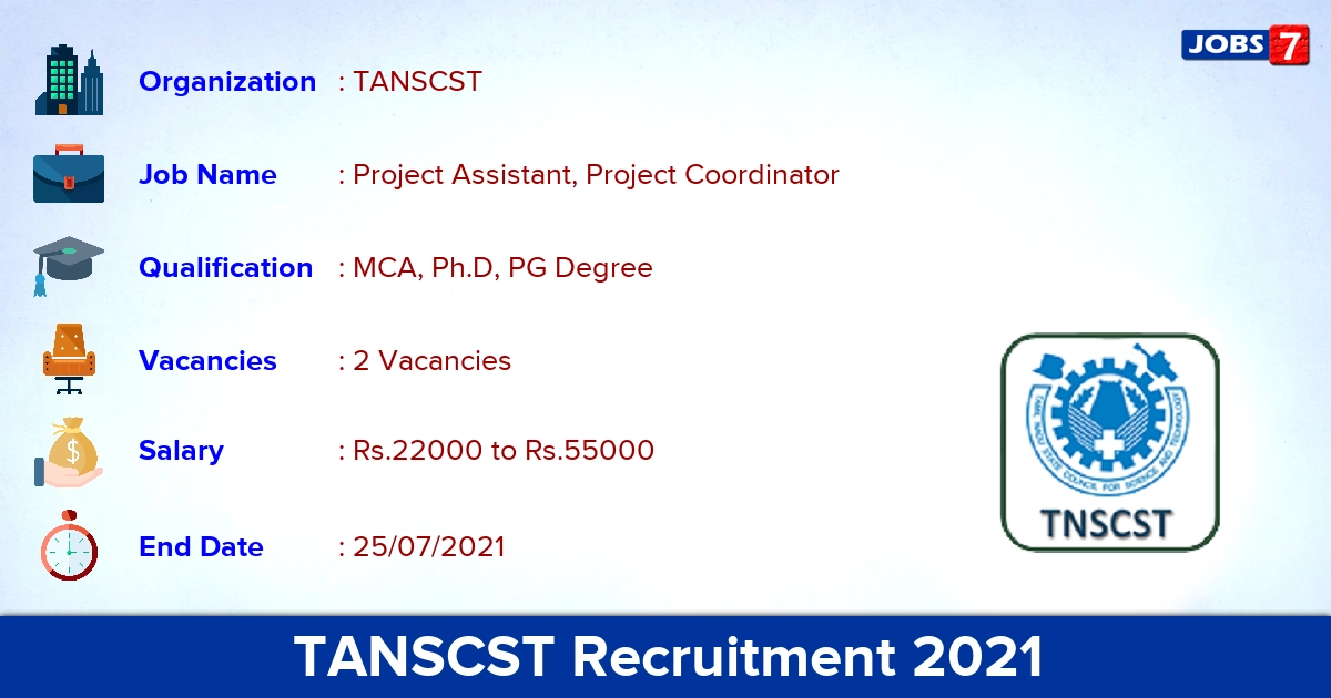 TANSCST Recruitment 2021 - Apply Online for Project Coordinator Jobs