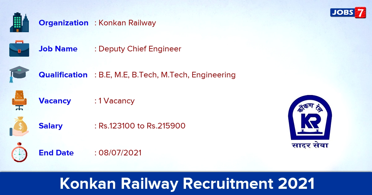 Konkan Railway Recruitment 2021 - Apply Online for Deputy Chief Engineer Jobs
