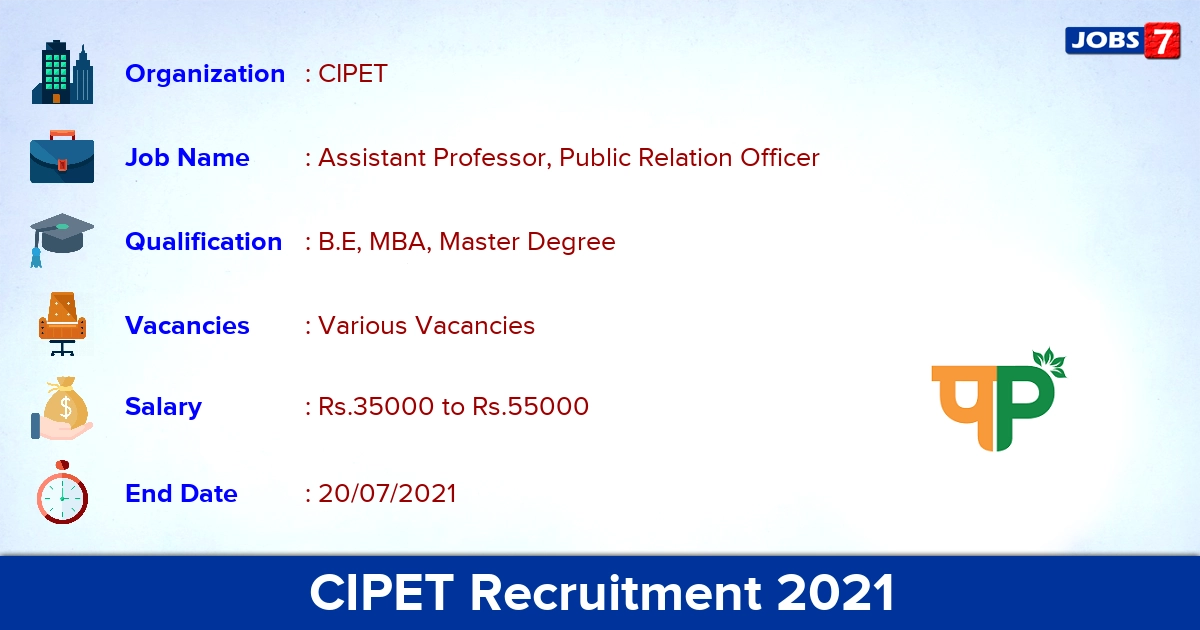 CIPET Recruitment 2021 - Apply Offline for Public Relation Officer Vacancies