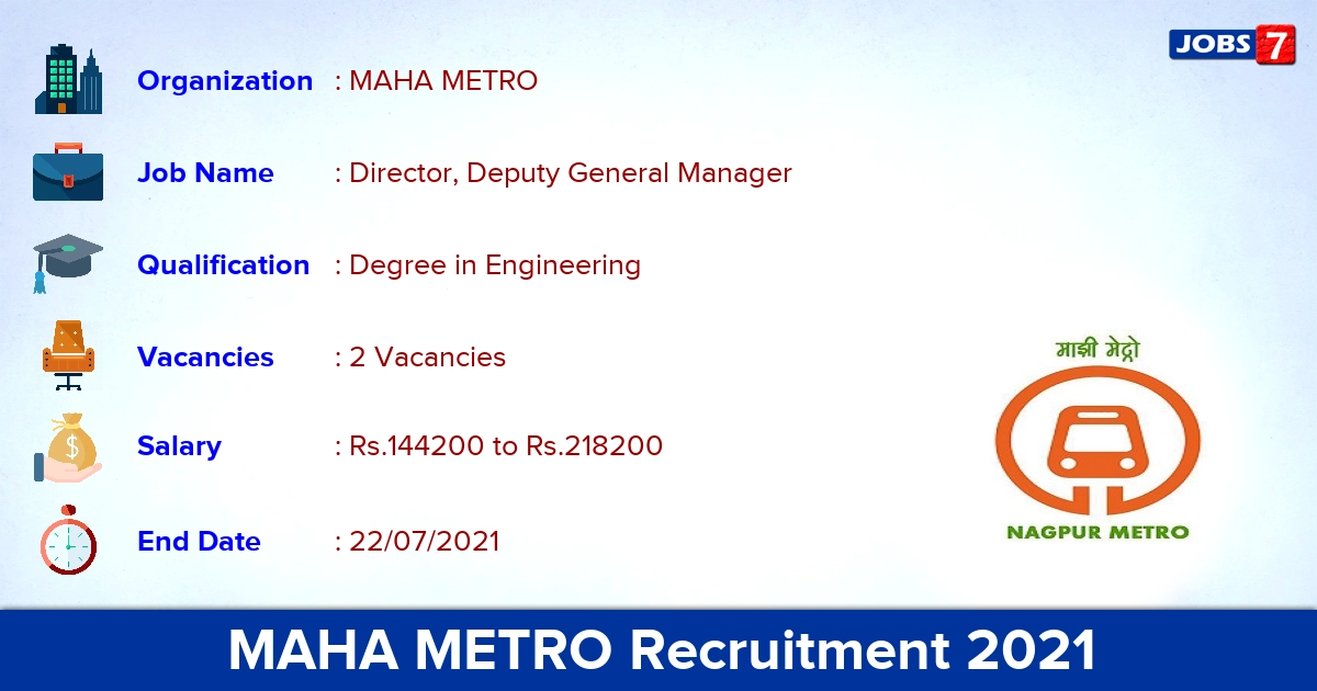 MAHA METRO Recruitment 2021 - Apply Online for Deputy General Manager Jobs