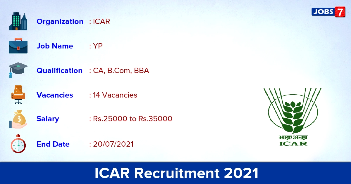 ICAR Recruitment 2021 - Apply Offline for 14 YP Vacancies