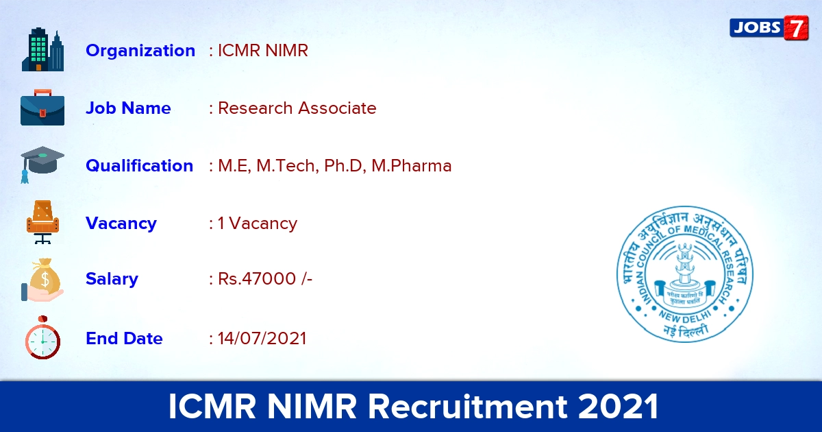 ICMR NIMR Recruitment 2021 - Apply Offline for Research Associate Jobs