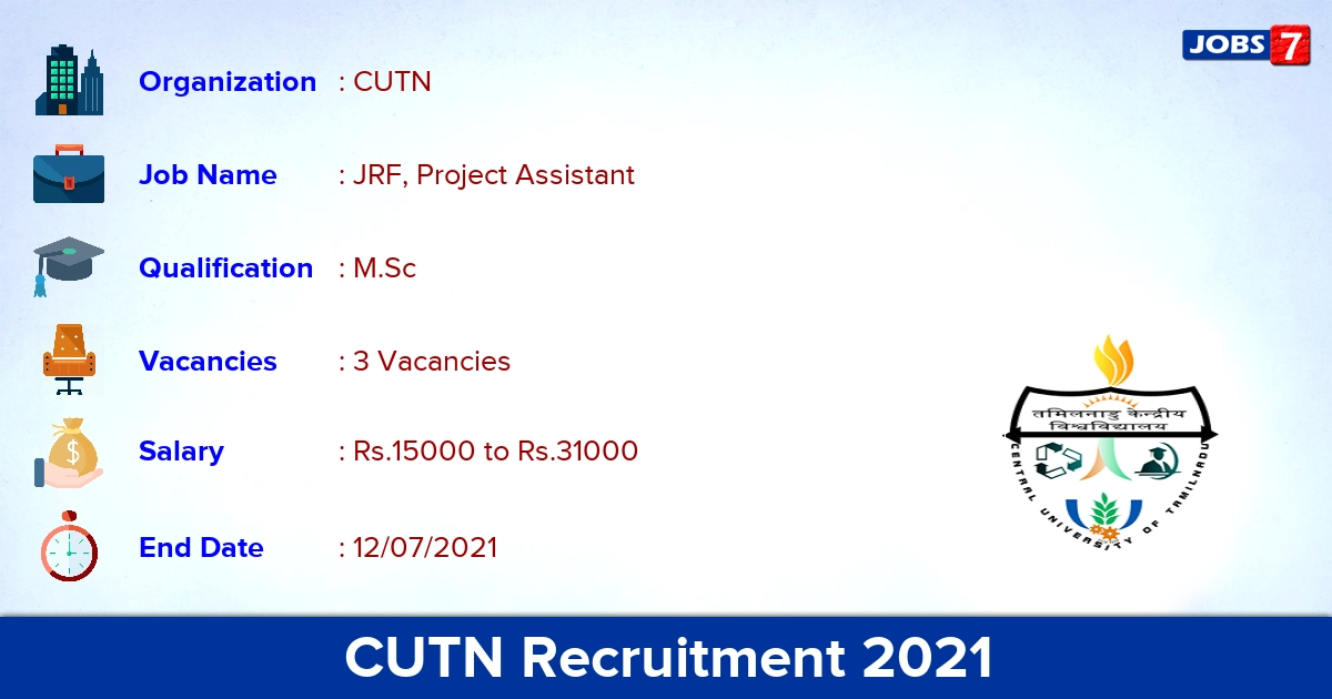 CUTN Recruitment 2021 - Apply Online for JRF, Project Assistant Jobs