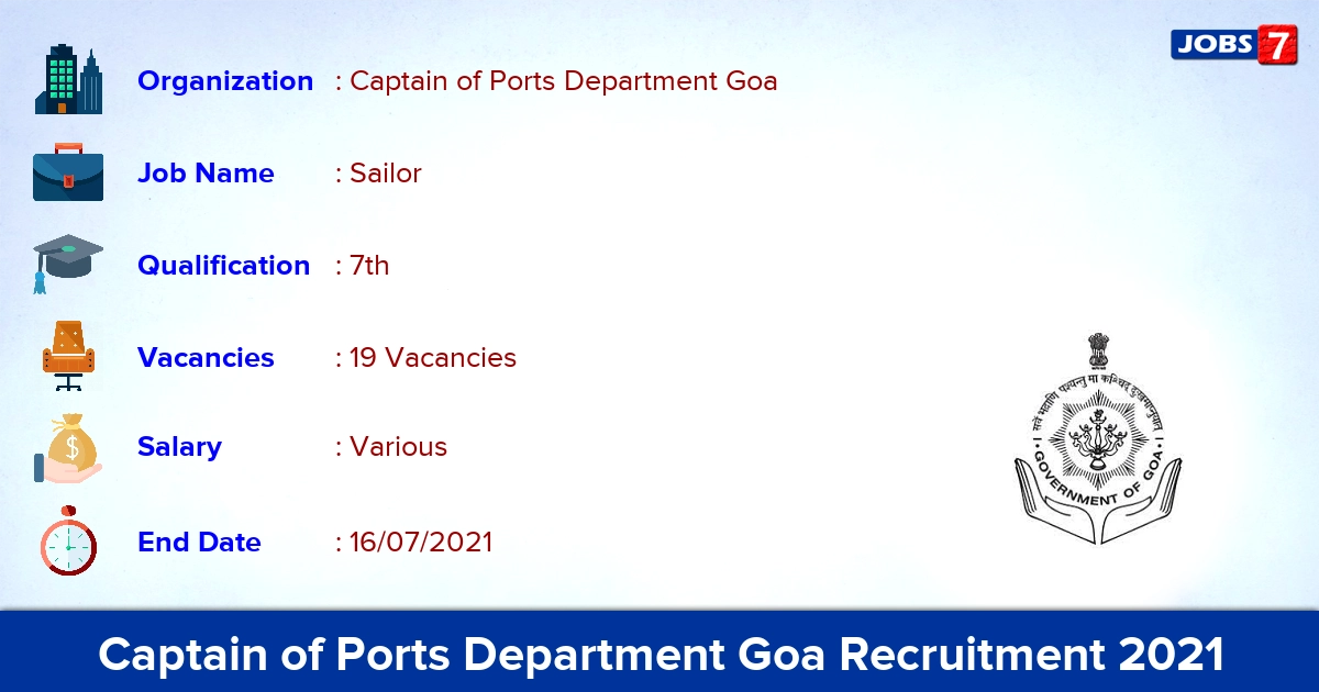 Captain of Ports Department Goa Recruitment 2021 - Apply Offline for 19 Sailor Vacancies