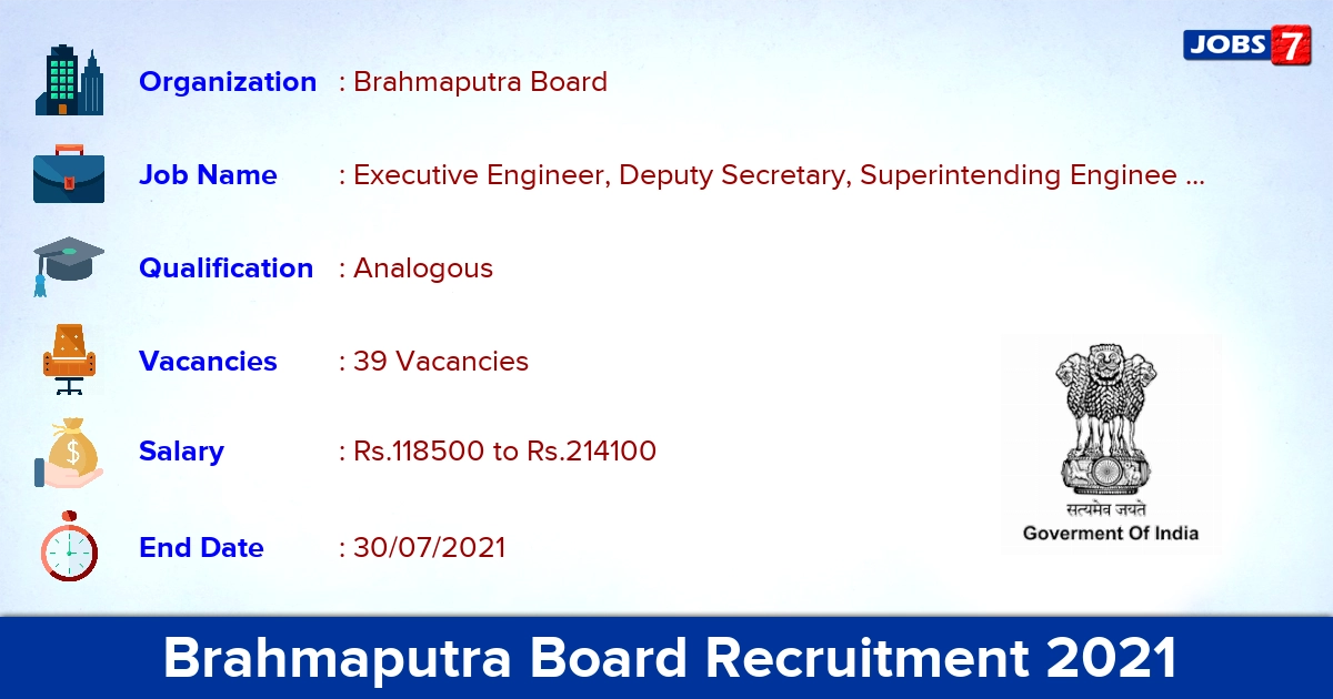 Brahmaputra Board Recruitment 2021 - Apply Offline for 39 Deputy Secretary Vacancies