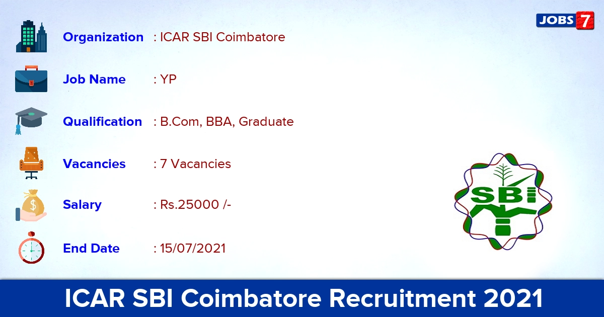 ICAR SBI Coimbatore Recruitment 2021 - Apply Online for YP Jobs