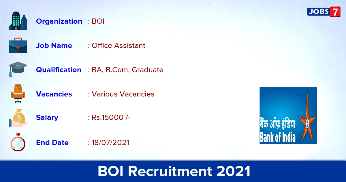BOI Recruitment 2021 - Apply Offline for Office Assistant Vacancies
