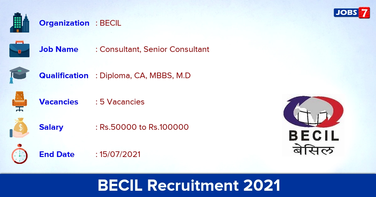 BECIL Recruitment 2021 - Apply Online for Consultant, Senior Consultant Jobs